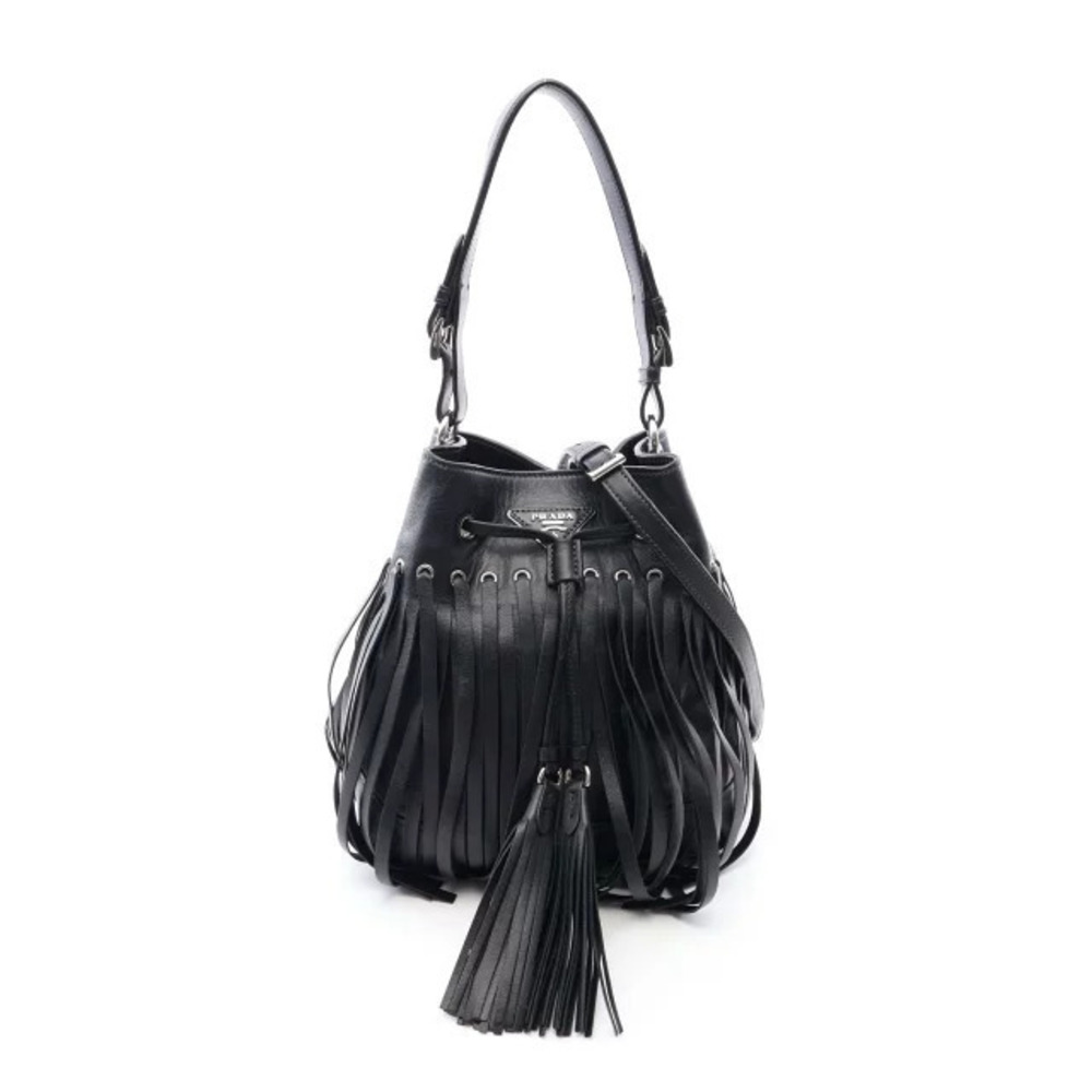 Prada Triangle Fringe Handbag Leather Black